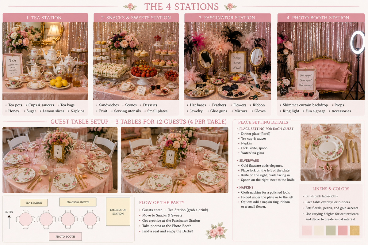 Tinker party setup plan showing tea, snacks, creative activity, photo booth, and guest table stations