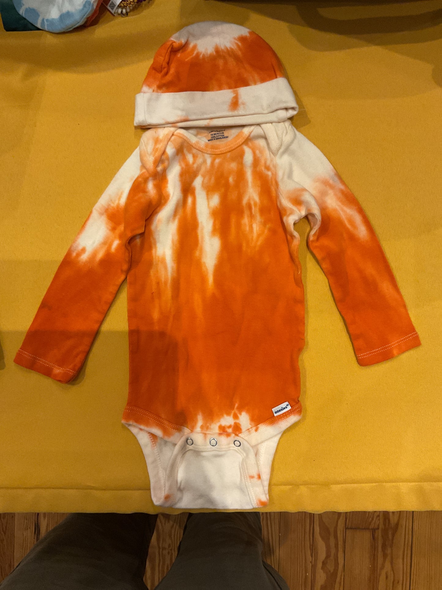 Catmaid 18 month onesie and hat tie dye