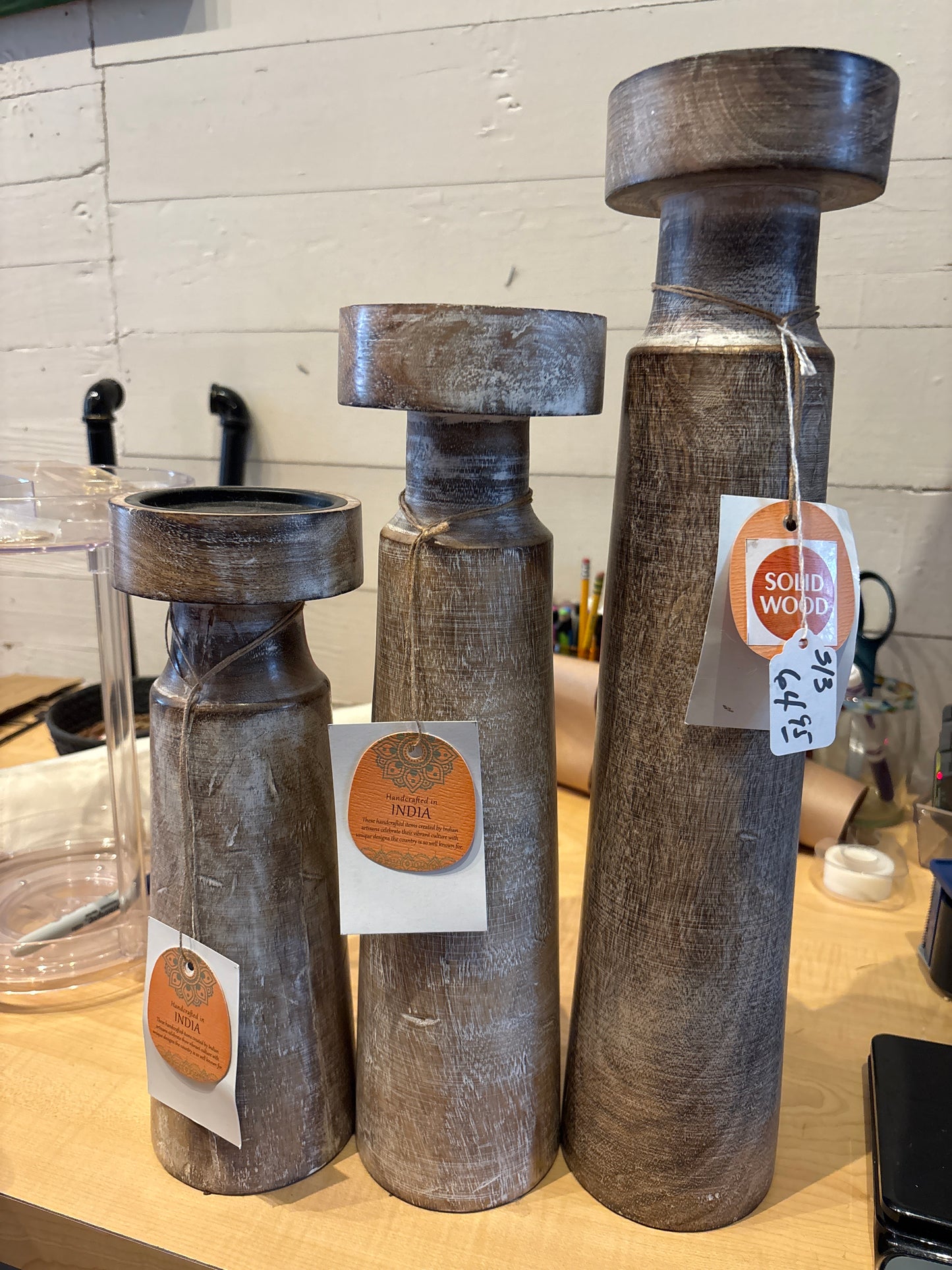 Solid wood India 3 candle holders
