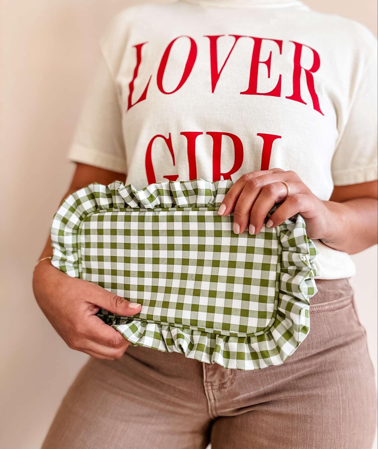 Mugsby - Gingham Ruffle Zipper Pouch Embroidery Friendly Cosmetic Bag