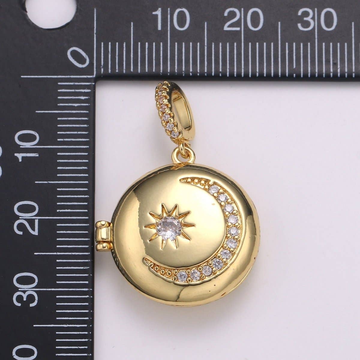 Aim Eternal - 14K Gold Filled Crescent Moon Locket Starry Night Locket Pendant, Moon Star CZ Locket Charm Necklace Component Celestial Jewelry H-234