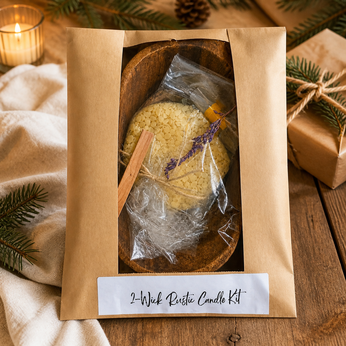 Rustic two-wick candle making kit styled as a warm holiday gift