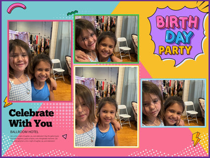 Birthday party guests enjoying a colorful stationary photo booth collage at Tinker