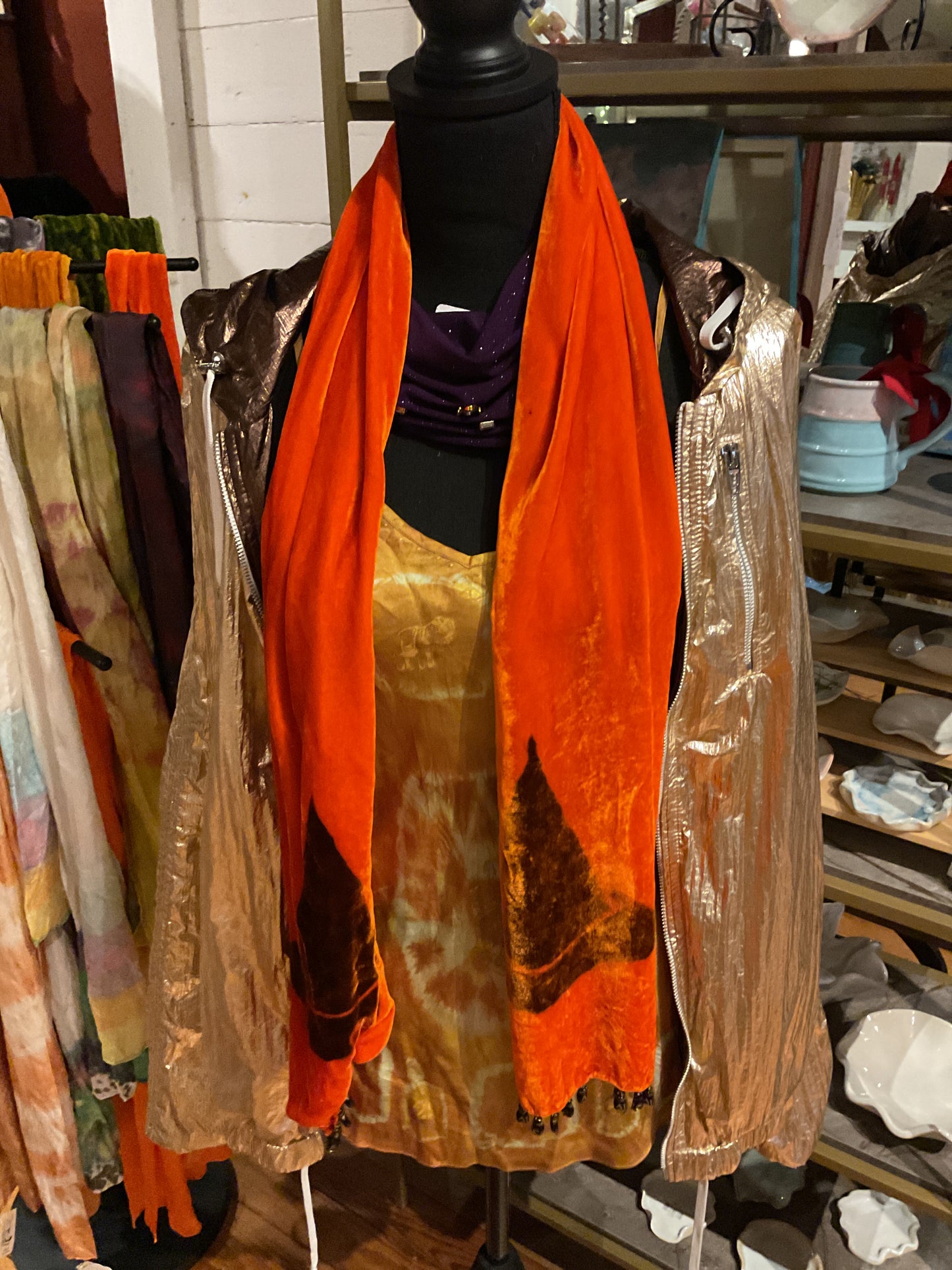 Catmaid orange velvet scarf with cat beads