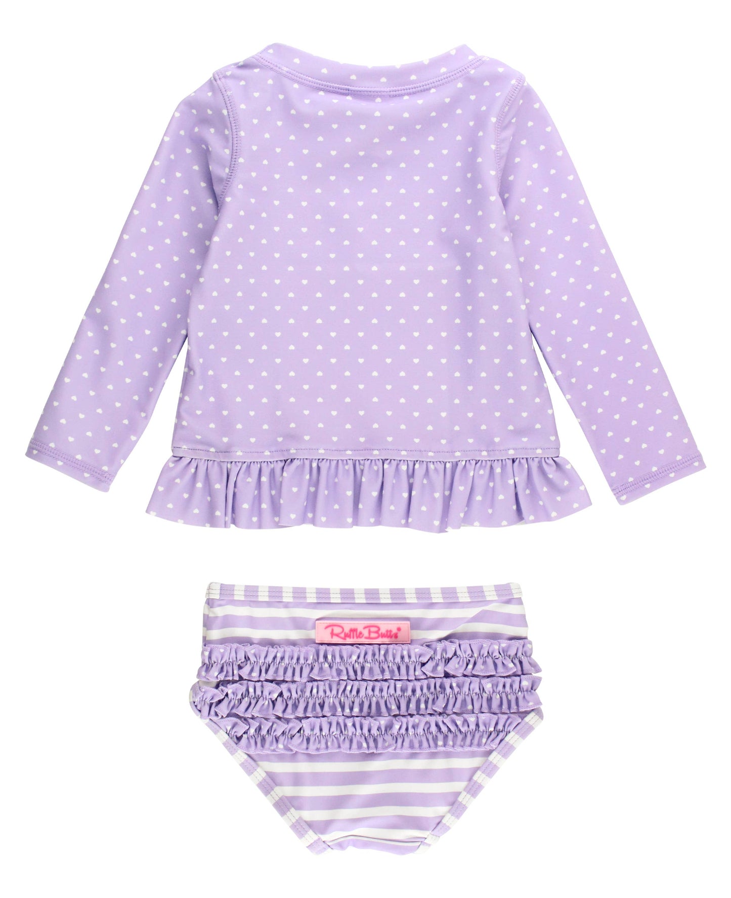 RuffleButts + RuggedButts - Girls Lavender Heart Polka Dot Long Sleeve Rash Guard 2-Piece Swimsuit with Signature Rear Ruffles