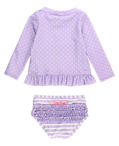 RuffleButts + RuggedButts - Girls Lavender Heart Polka Dot Long Sleeve Rash Guard 2-Piece Swimsuit with Signature Rear Ruffles