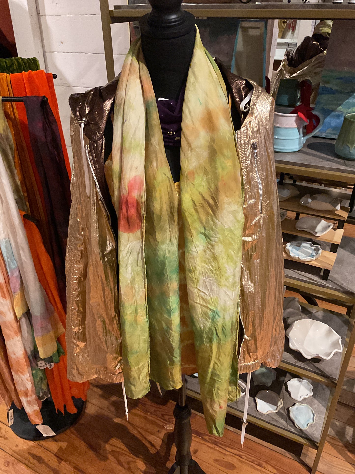 Catmaid tie dye green,red silk scarf