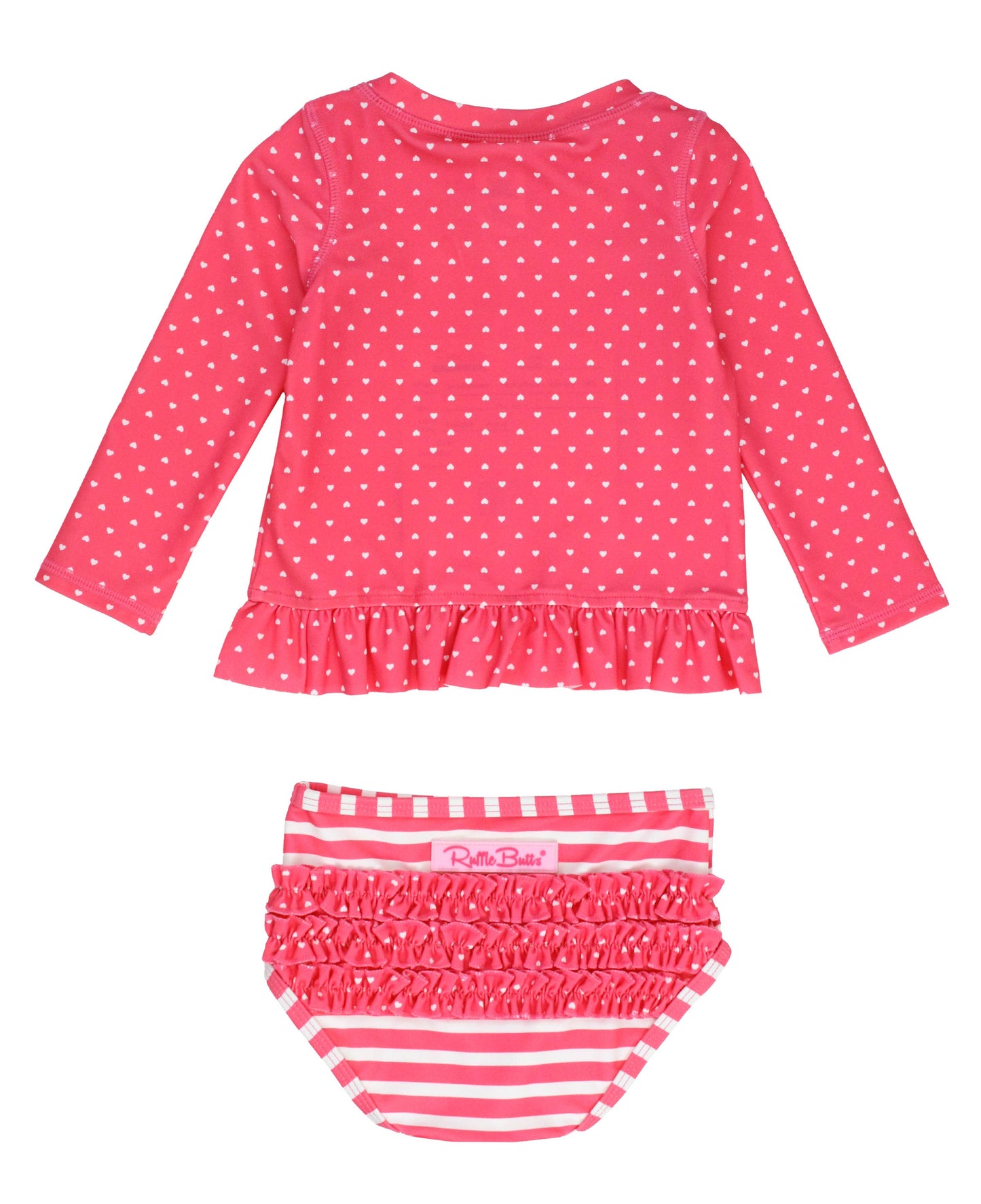 RuffleButts + RuggedButts - Girls Hot Pink Heart Polka Dot Long Sleeve Rash Guard 2-Piece Swimsuit with Signature Rear Ruffles