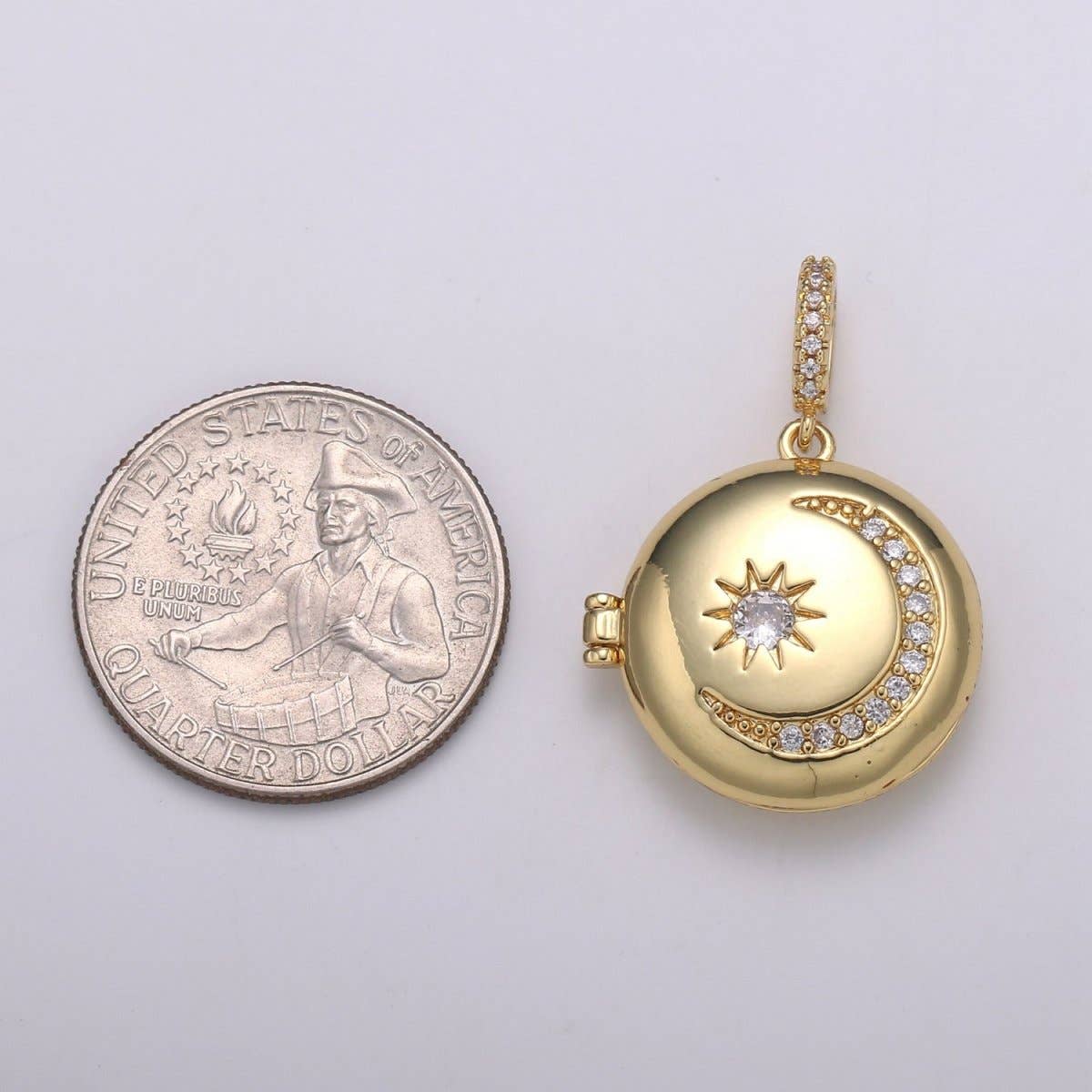 Aim Eternal - 14K Gold Filled Crescent Moon Locket Starry Night Locket Pendant, Moon Star CZ Locket Charm Necklace Component Celestial Jewelry H-234