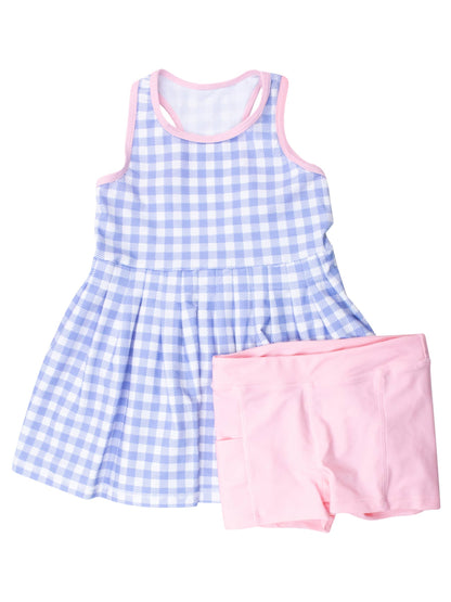 RuffleButts + RuggedButts - Girls Periwinkle Blue Gingham Pleated Skirt Active Dress & Bike Short Set
