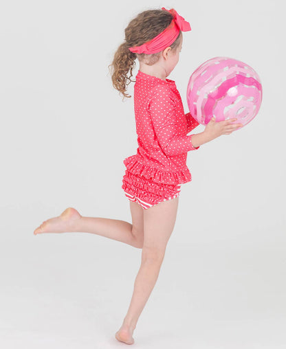 RuffleButts + RuggedButts - Girls Hot Pink Heart Polka Dot Long Sleeve Rash Guard 2-Piece Swimsuit with Signature Rear Ruffles