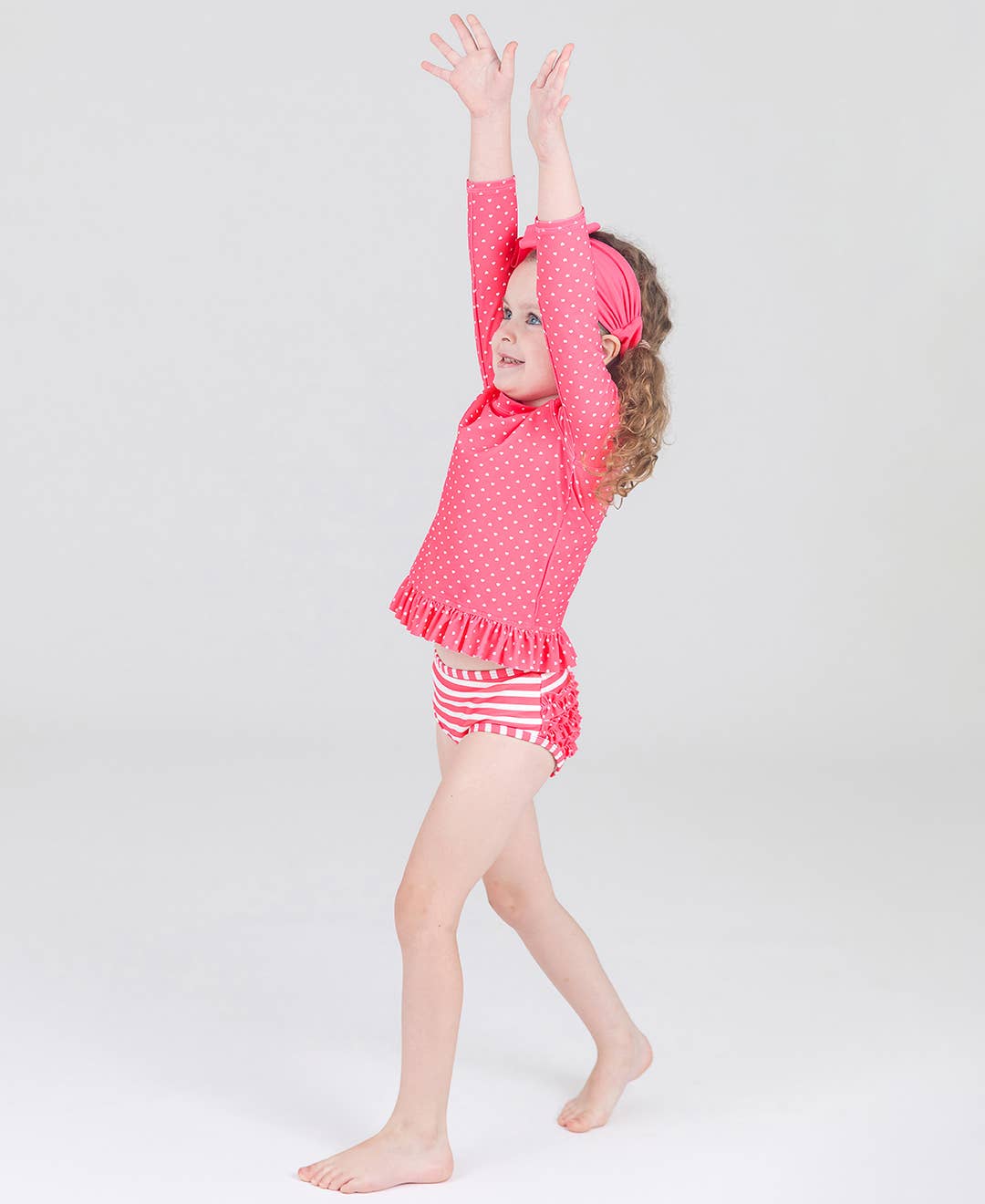 RuffleButts + RuggedButts - Girls Hot Pink Heart Polka Dot Long Sleeve Rash Guard 2-Piece Swimsuit with Signature Rear Ruffles