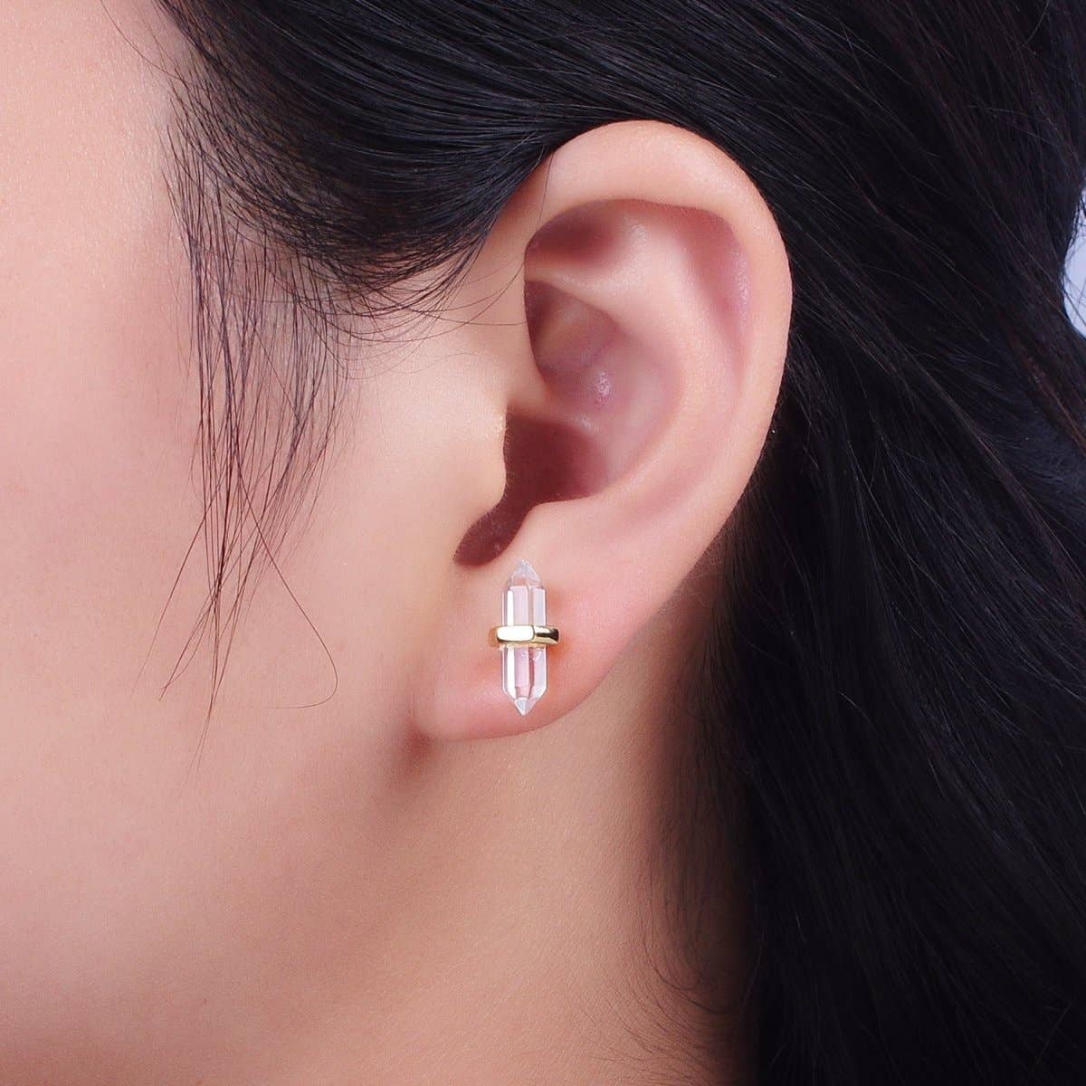 Aim Eternal - Clear Quartz Pointed Wand Gold Minimalist Stud Earrings | AD-097