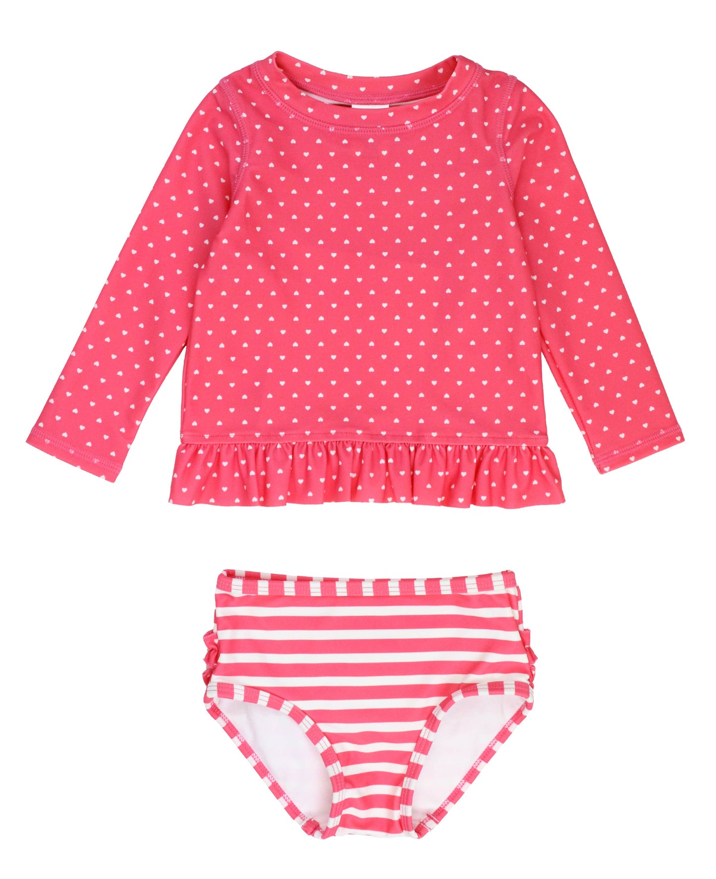 RuffleButts + RuggedButts - Girls Hot Pink Heart Polka Dot Long Sleeve Rash Guard 2-Piece Swimsuit with Signature Rear Ruffles