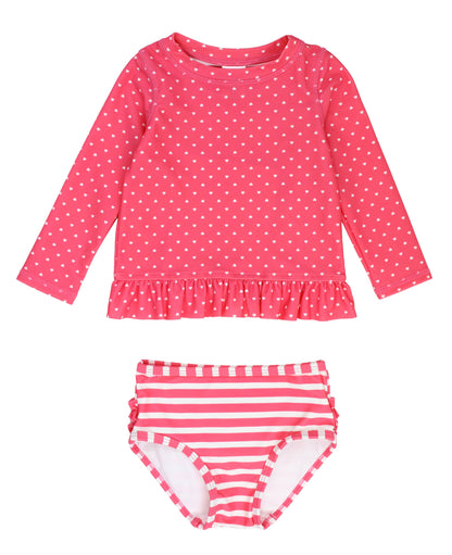 RuffleButts + RuggedButts - Girls Hot Pink Heart Polka Dot Long Sleeve Rash Guard 2-Piece Swimsuit with Signature Rear Ruffles