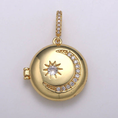 Aim Eternal - 14K Gold Filled Crescent Moon Locket Starry Night Locket Pendant, Moon Star CZ Locket Charm Necklace Component Celestial Jewelry H-234