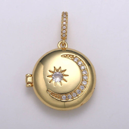 Aim Eternal - 14K Gold Filled Crescent Moon Locket Starry Night Locket Pendant, Moon Star CZ Locket Charm Necklace Component Celestial Jewelry H-234