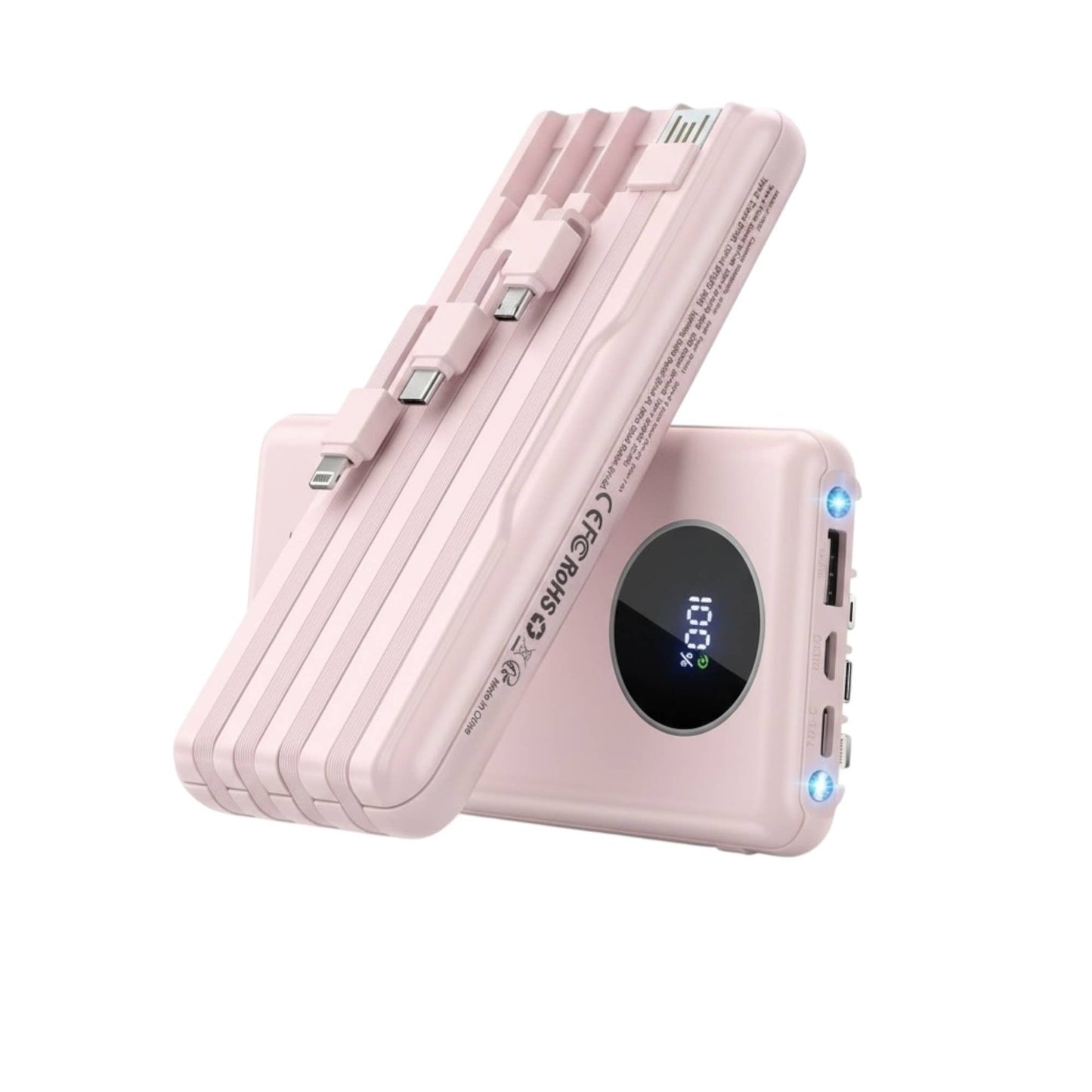 Mighty Wireless - Joyfar 10000mAh Power Bank Built-In 4 Charging Cable Pink
