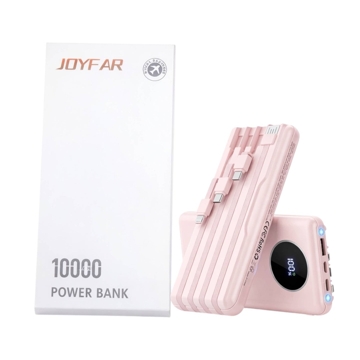 Mighty Wireless - Joyfar 10000mAh Power Bank Built-In 4 Charging Cable Pink