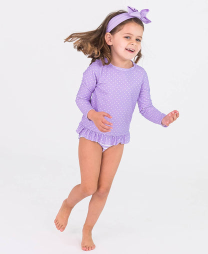 RuffleButts + RuggedButts - Girls Lavender Heart Polka Dot Long Sleeve Rash Guard 2-Piece Swimsuit with Signature Rear Ruffles