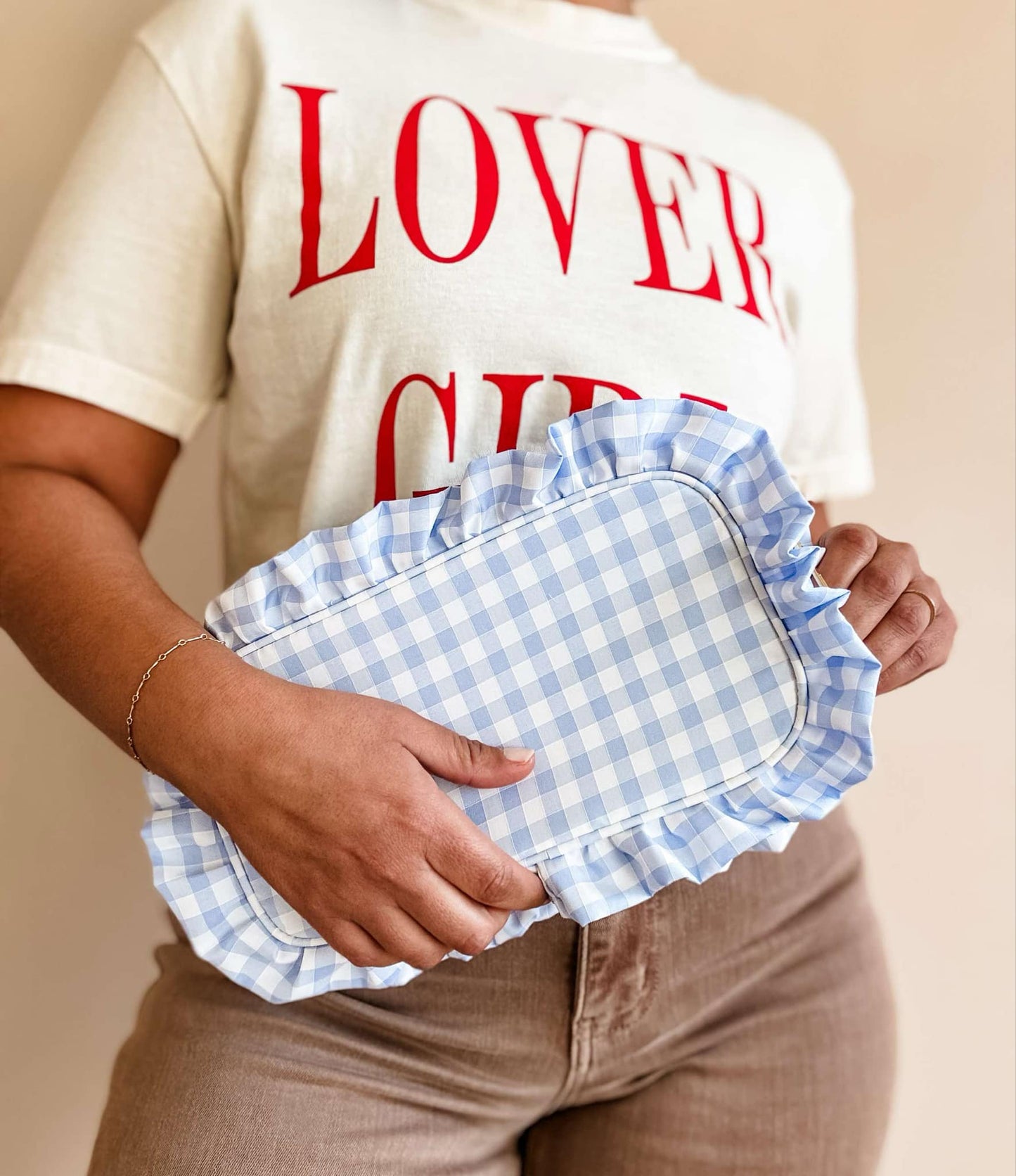 Mugsby - Gingham Ruffle Zipper Pouch Embroidery Friendly Cosmetic Bag