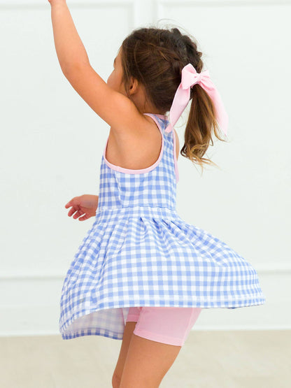 RuffleButts + RuggedButts - Girls Periwinkle Blue Gingham Pleated Skirt Active Dress & Bike Short Set