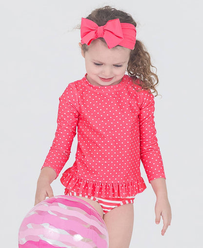 RuffleButts + RuggedButts - Girls Hot Pink Heart Polka Dot Long Sleeve Rash Guard 2-Piece Swimsuit with Signature Rear Ruffles
