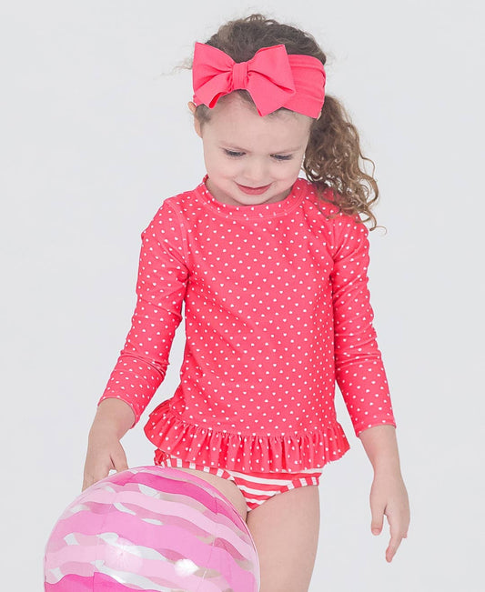 RuffleButts + RuggedButts - Girls Hot Pink Heart Polka Dot Long Sleeve Rash Guard 2-Piece Swimsuit with Signature Rear Ruffles