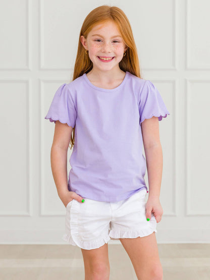 RuffleButts + RuggedButts - Girls Lavender Knit Short Sleeve Scallop Tee