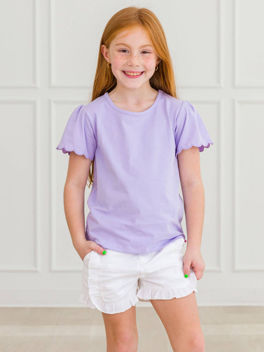 RuffleButts + RuggedButts - Girls Lavender Knit Short Sleeve Scallop Tee