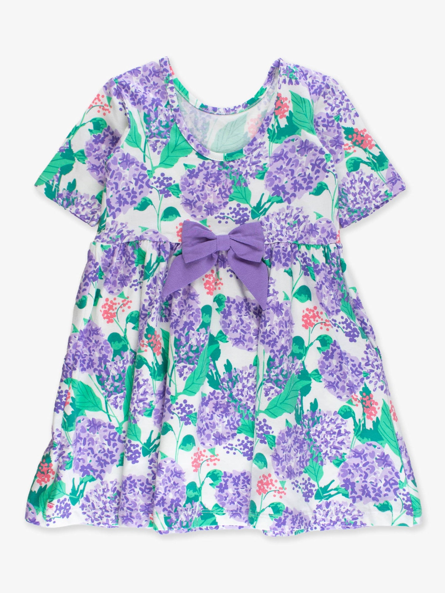RuffleButts + RuggedButts - Girls Purple Hydrangea Garden Short Sleeve Knit Twirl Dress