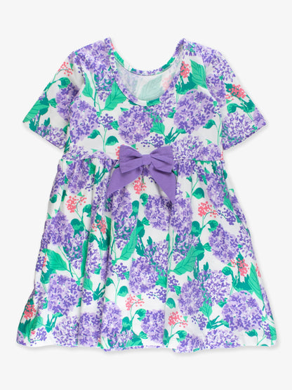 RuffleButts + RuggedButts - Girls Purple Hydrangea Garden Short Sleeve Knit Twirl Dress
