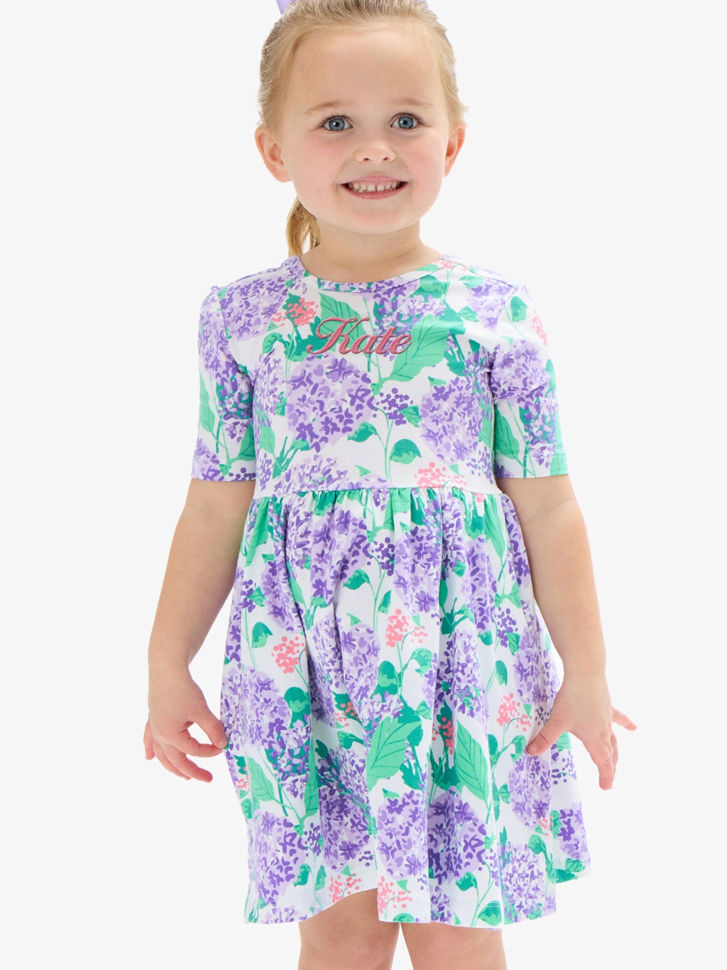RuffleButts + RuggedButts - Girls Purple Hydrangea Garden Short Sleeve Knit Twirl Dress