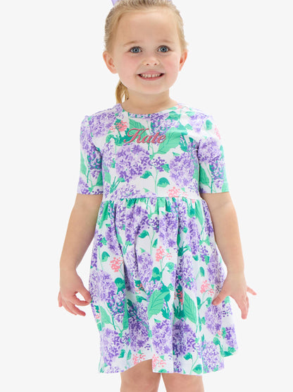 RuffleButts + RuggedButts - Girls Purple Hydrangea Garden Short Sleeve Knit Twirl Dress