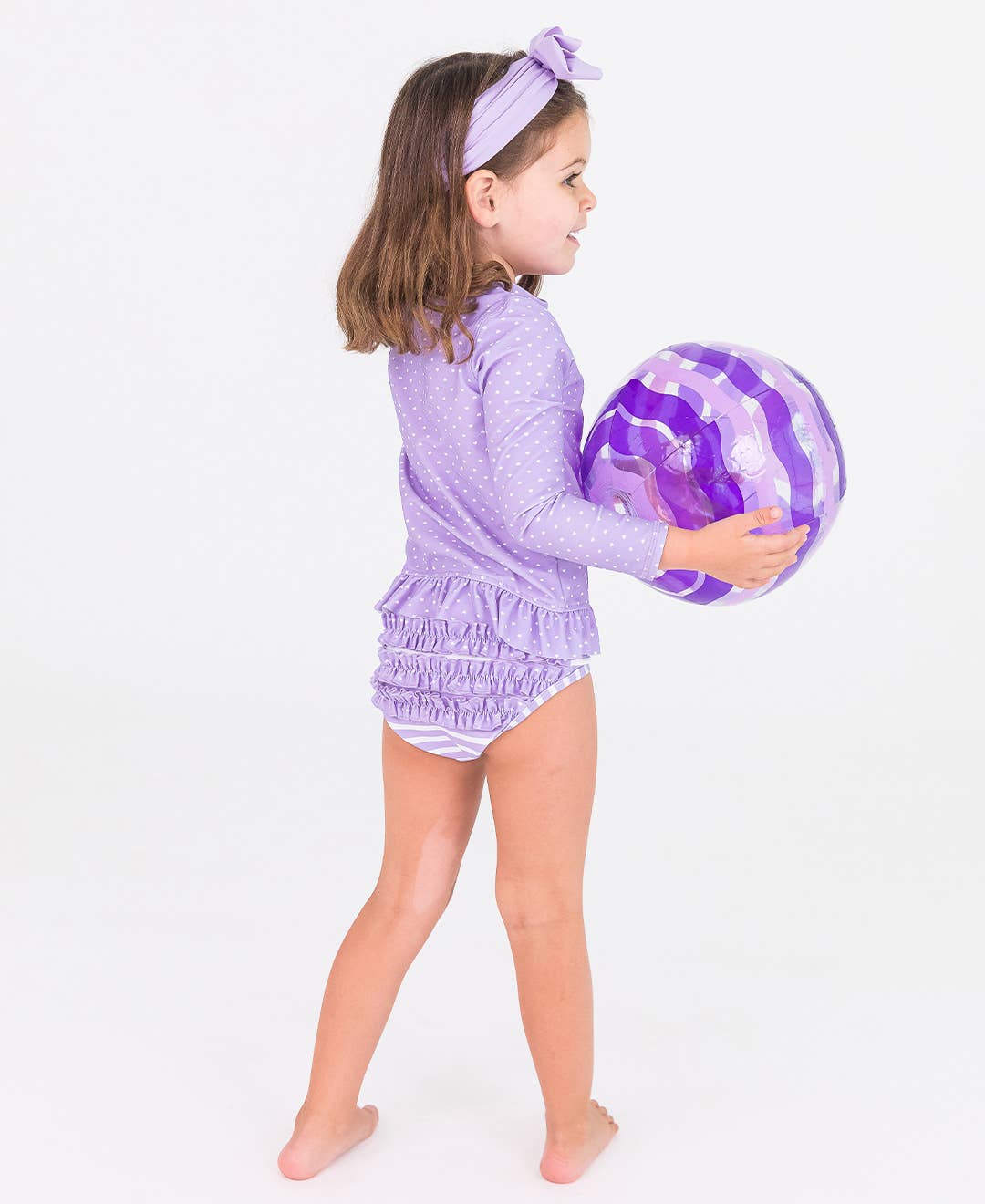 RuffleButts + RuggedButts - Girls Lavender Heart Polka Dot Long Sleeve Rash Guard 2-Piece Swimsuit with Signature Rear Ruffles
