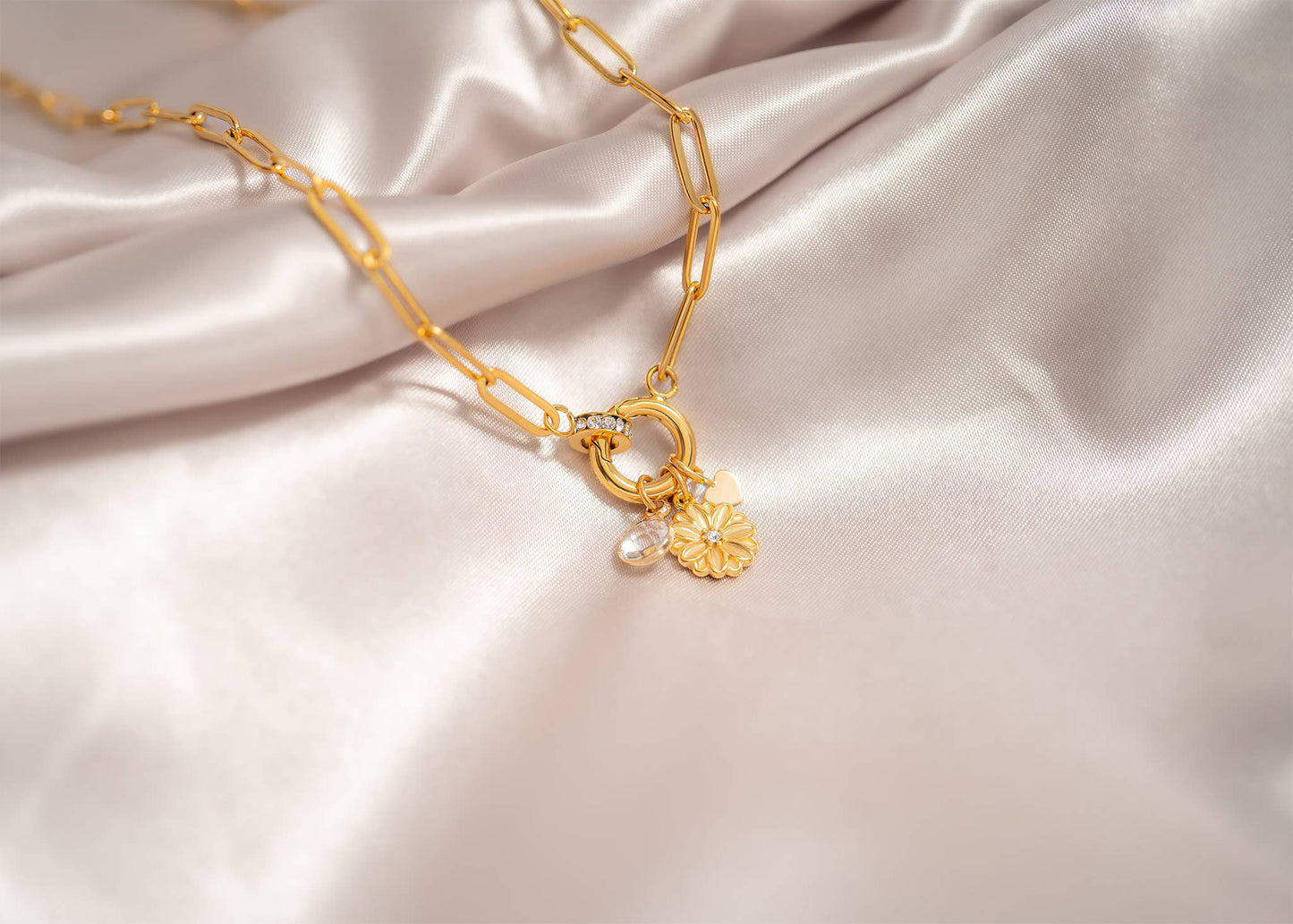 WJW - 18K Gold PVD Paperclip Rhinestone Charm Holder Necklace