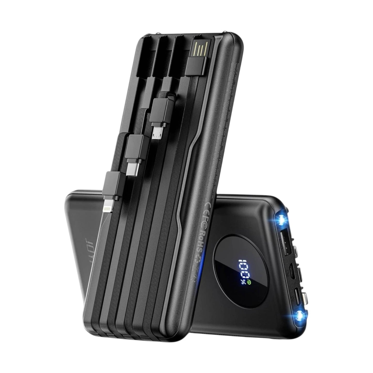 Mighty Wireless - Joyfar 10000mAh Power Bank Built-In 4 Charging Cable Black