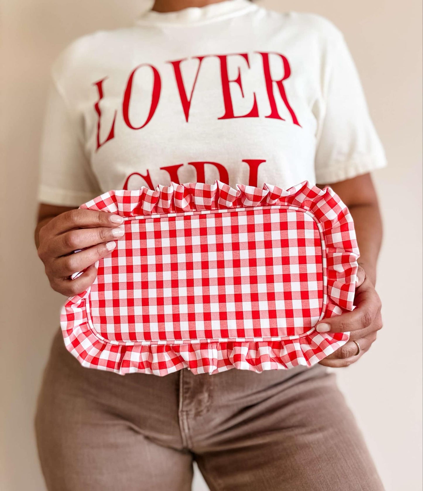 Mugsby - Gingham Ruffle Zipper Pouch Embroidery Friendly Cosmetic Bag