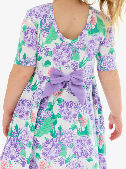 RuffleButts + RuggedButts - Girls Purple Hydrangea Garden Short Sleeve Knit Twirl Dress