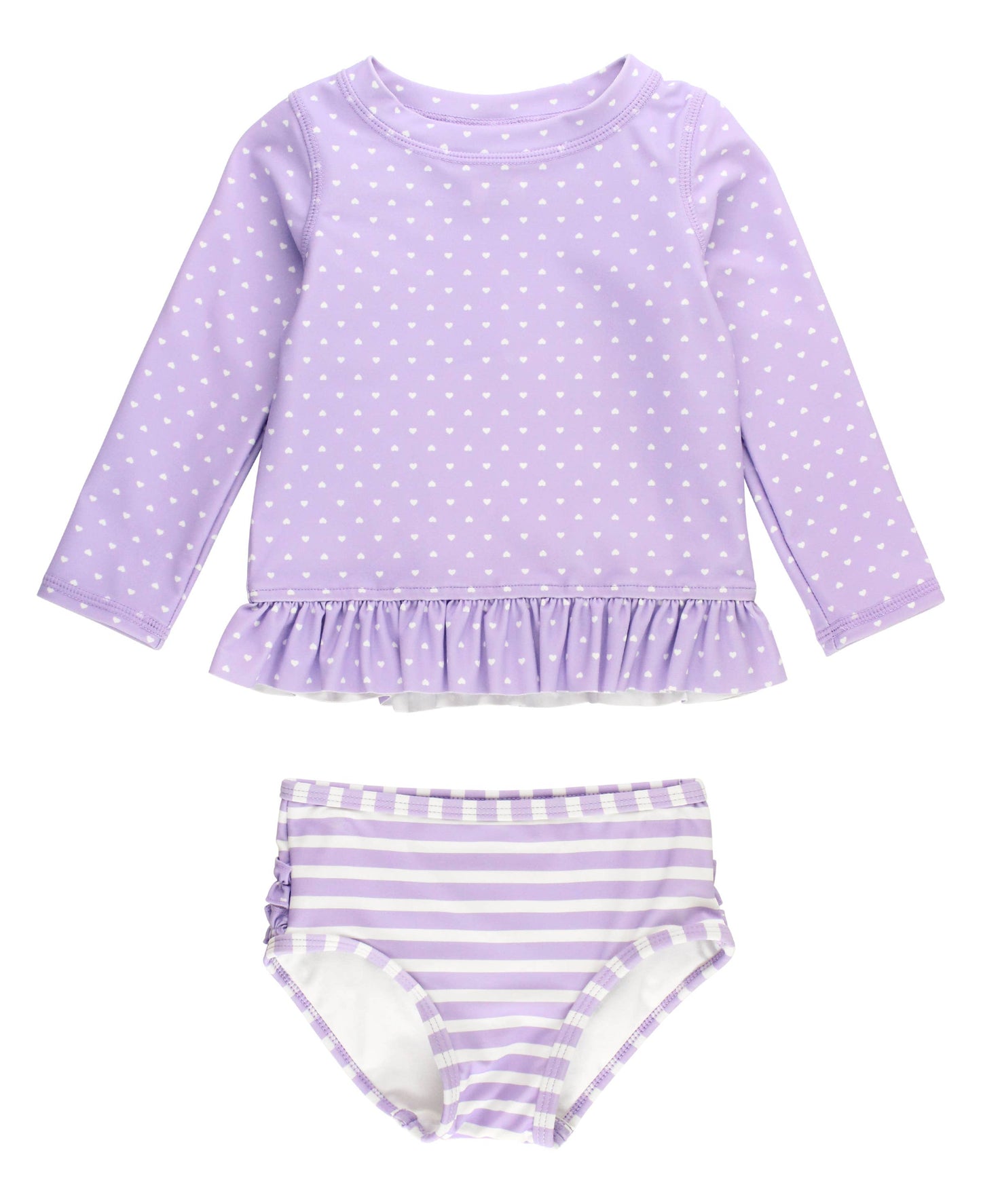 RuffleButts + RuggedButts - Girls Lavender Heart Polka Dot Long Sleeve Rash Guard 2-Piece Swimsuit with Signature Rear Ruffles