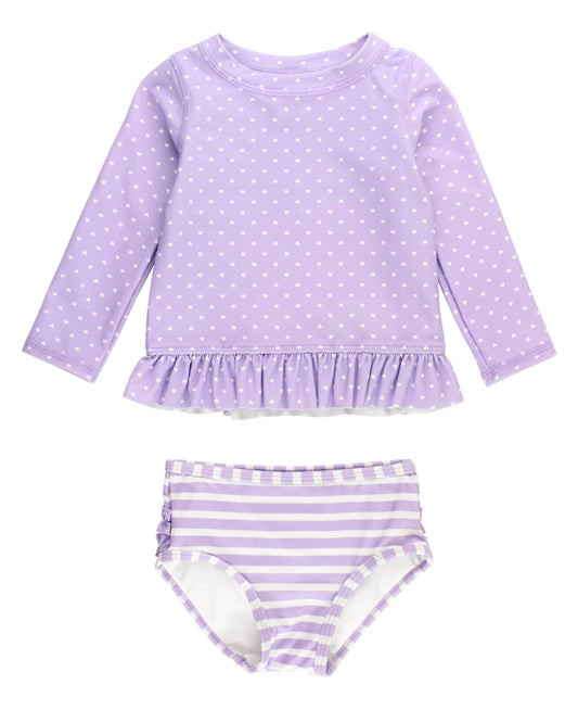 RuffleButts + RuggedButts - Girls Lavender Heart Polka Dot Long Sleeve Rash Guard 2-Piece Swimsuit with Signature Rear Ruffles
