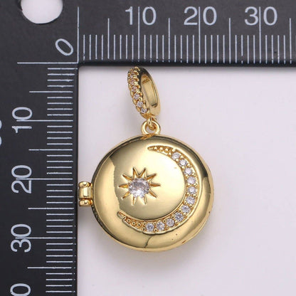 Aim Eternal - 14K Gold Filled Crescent Moon Locket Starry Night Locket Pendant, Moon Star CZ Locket Charm Necklace Component Celestial Jewelry H-234