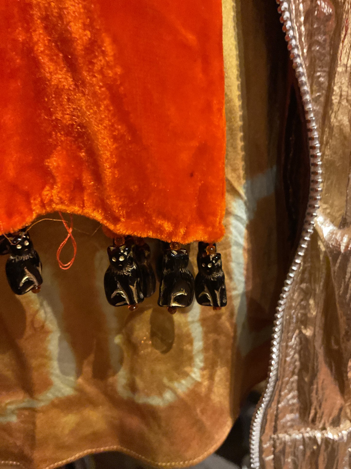 Catmaid orange velvet scarf with cat beads