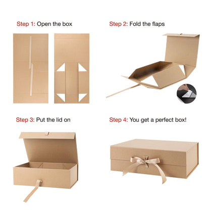 LA Ribbons Wholesale - 14" x 9" x 4.3" Collapsable Gift Box w/ Satin Ribbon & Magnetic Square Flap Lid | Kraft