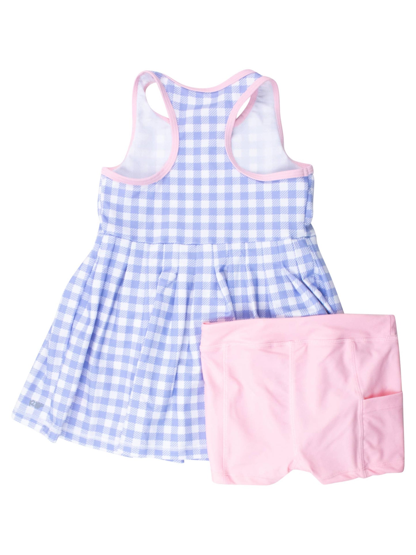 RuffleButts + RuggedButts - Girls Periwinkle Blue Gingham Pleated Skirt Active Dress & Bike Short Set