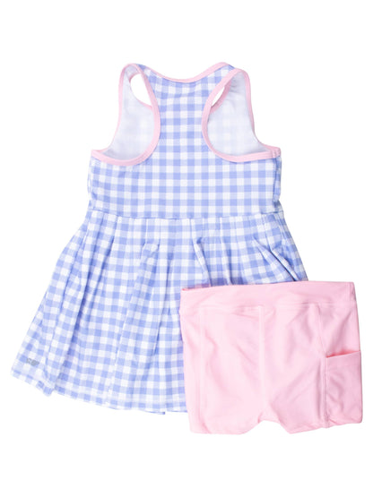 RuffleButts + RuggedButts - Girls Periwinkle Blue Gingham Pleated Skirt Active Dress & Bike Short Set
