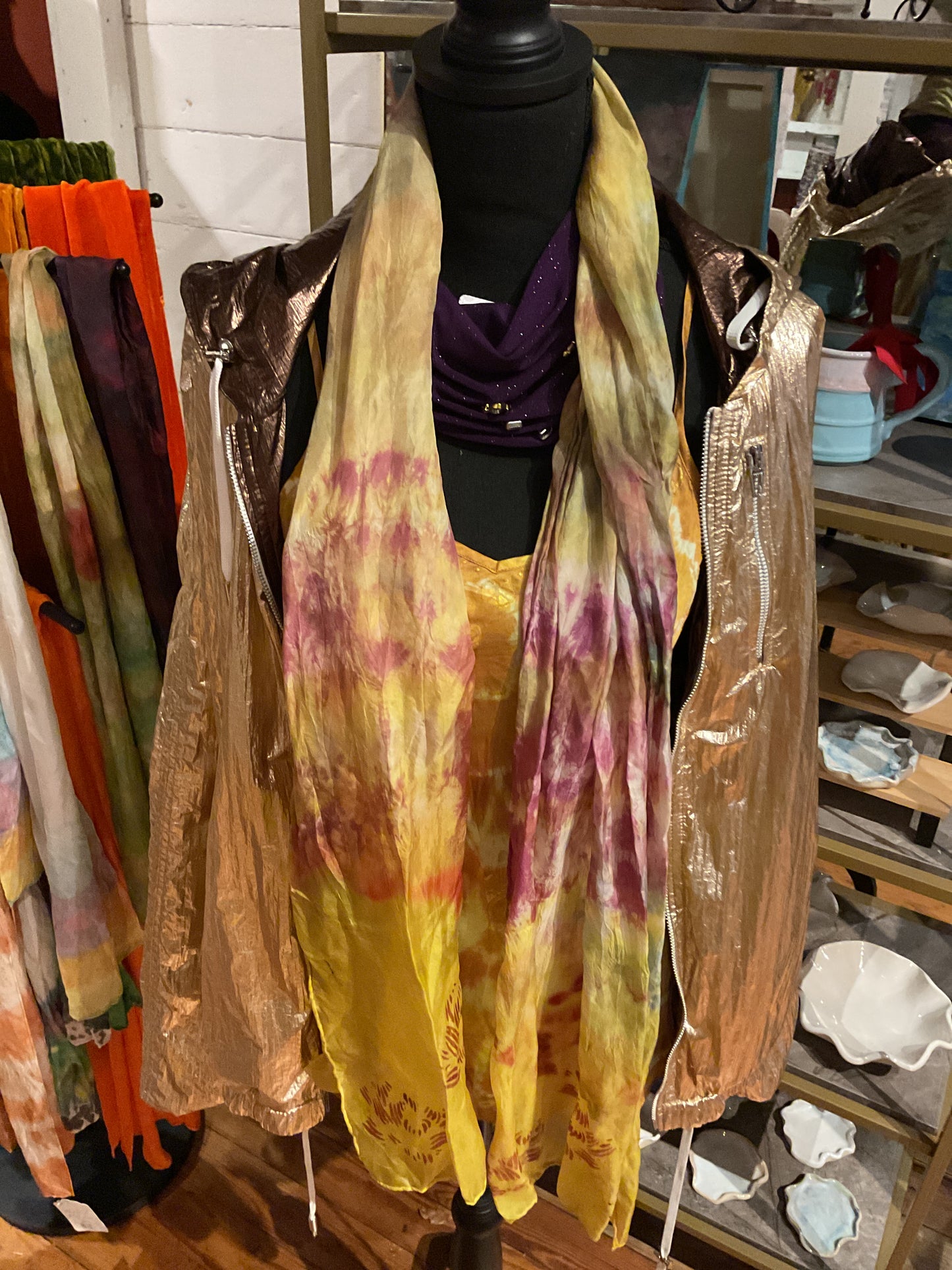 Catmaid tie dye yellow,purple,green silk scarf
