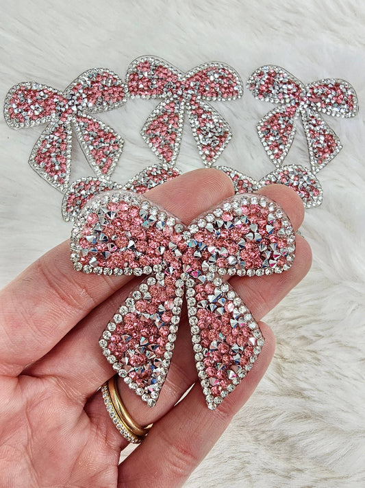 Scratch Decor - Small Bow with Silver Outline and Pink Rhinestone Iron-on Patch