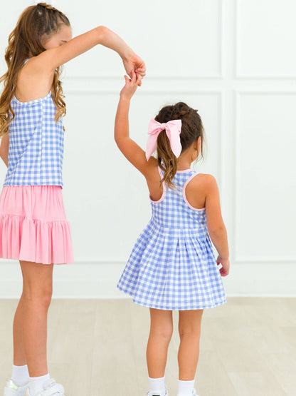 RuffleButts + RuggedButts - Girls Periwinkle Blue Gingham Pleated Skirt Active Dress & Bike Short Set