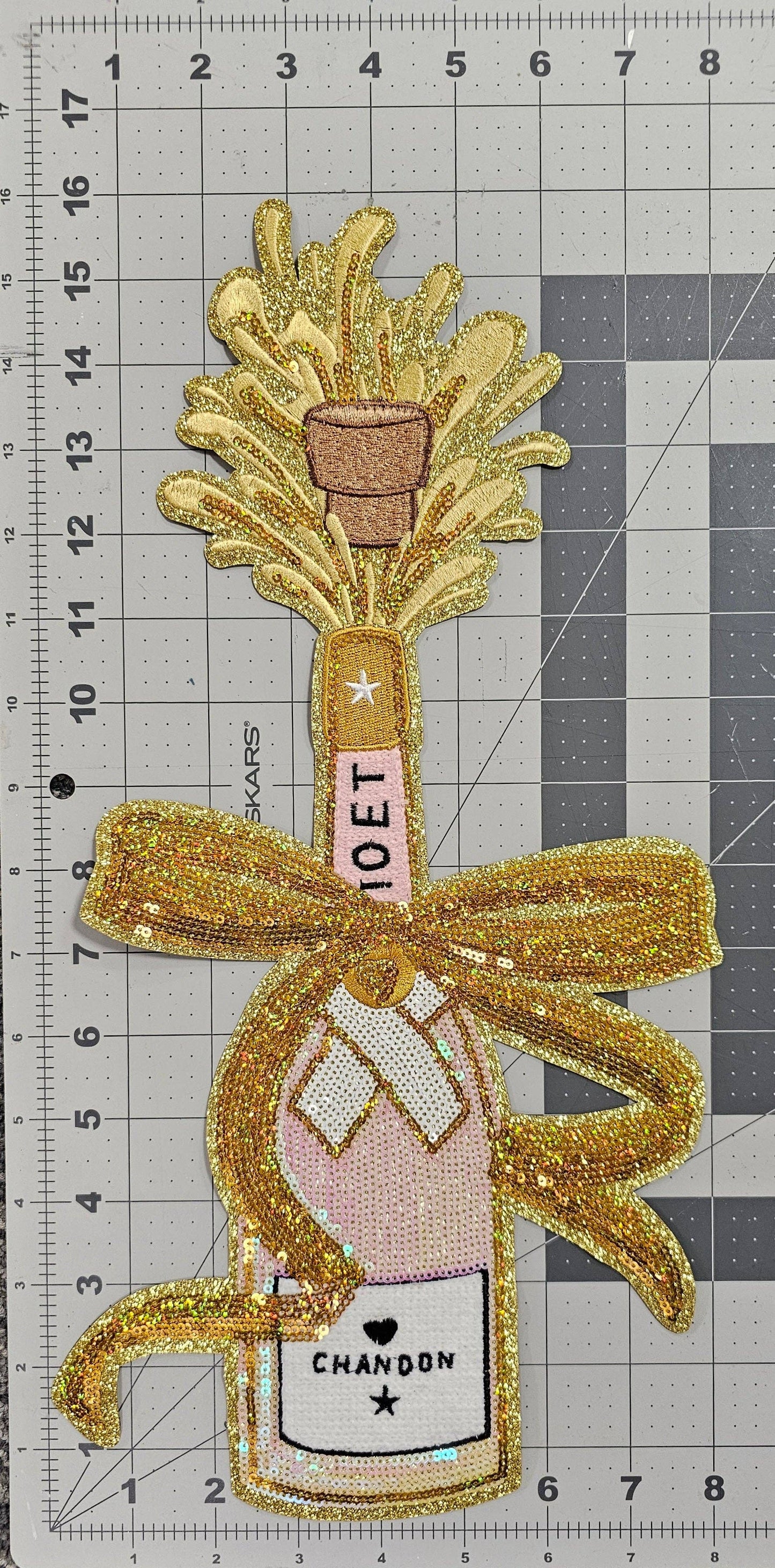 Scratch Decor - Pink Rose Champagne with Bow Cheers Toast Large Sequin Iron on Patch